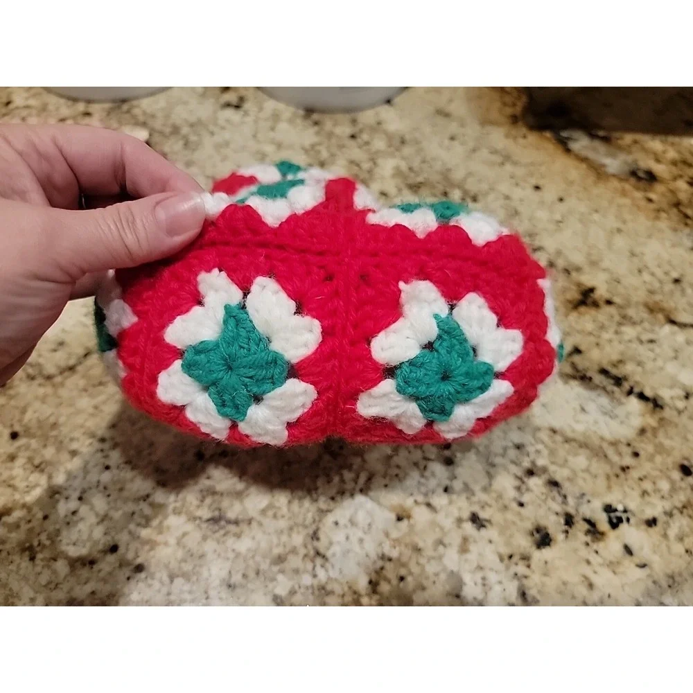 Vintage Granny Square Christmas Stocking Hand Crochet Red White Green Mini